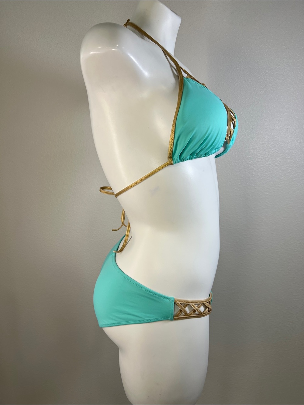 Victoria's Secret Aqua and Gold Lattice Two-Piece Bikini Set MEDIUM - Picture 2 of 11